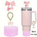 Pink bow tumbler accessory set including straw topper, chain charm and silicone boot. - Set 3