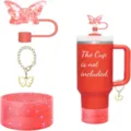 Rosa Glitzer Schmetterling Strohhalm Topper Set mit Silikon Boden und Ketten Zubehör. - Set 7 (Becher nicht enthalten)