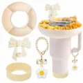 Snack bowl for 40oz tumbler with bow straw cover and cute chain pendants, beige portable. - Combo 3 (Double Gifts)
