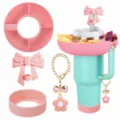Pink and blue snack bowl straw topper set with cup boot and chain for 40oz insulated tumblers - Combo 4 (Tree And Gifts)