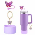 Lila edler Thermobecher Set mit Schmetterling Strohhalm Abdeckung und Kette Anhänger. - Set 14 (Becher nicht enthalten)