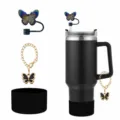 Schwarzer Becher mit Schmetterling Strohhalmaufsatz, Kette und schwarzem Silikonschutzboden. - Set 16 (Becher nicht enthalten)