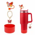 Roter Edelstahl Becher Set mit süßem Schmetterling Strohhalm Topper und Ketten Anhänger. - Set 18 (Ohne Becher)