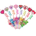 Colorful Valentine's Day reusable crazy loop drinking straws with cute heart toppers for kids party. - Style 2