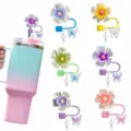 Detailed view of colorful flower straw toppers with butterfly and star charms, various cute colors. - Without Cup and Straw / Set of 6