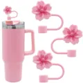 Cute cherry blossom silicone straw cap and tumbler set, 10mm reusable dustproof straw cover. - 10 mm / 3 Pieces - Pink - Flowers
