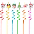 Christmas spiral drinking straws detail view featuring glitter Santa Claus and reindeer. - 6pcs Set