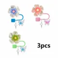 Detailed view of 3pcs colorful flower and butterfly straw charms, cute decorative dust covers. - Without Cup and Straw / Combination 6