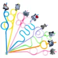 Colorful plastic crazy drinking straws with cute cat silicone charms variant options display. - 24 Pcs/Set / Style 2