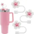 Pink tumbler with cute cherry blossom silicone straw covers and dust plugs set for daily use - 10 mm / 3 Pieces White Flowers