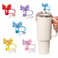 Colorful large bow straw topper with heart star charms cute resin dust cover cup accessory - Set of 5 (Cup and Straw Not Included)