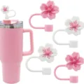 Cute cherry blossom silicone straw cover set with pink tumbler, 10mm reusable dustproof - 10 mm / 4 Pieces Cherry Blossoms