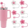 Cute pink silicone cherry blossom straw covers set with matching tumbler cup for daily drinks use. - 10 mm / 6 Pieces Cherry Blossoms