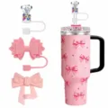 Gobelet rose étincelant avec nœuds 3D, couvercle strass et embout paille diamant mignon. - Ensemble de 3 couvre-pailles (Hors gobelet et paille) / 1