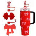 Gobelet rouge avec couvercle en strass, nœuds roses et ensemble de pailles diamant. - Ensemble de 3 couvre-pailles (Hors gobelet et paille) / Style 3