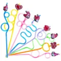 Valentine day curly drinking straws set with cute gnome and heart charms for party decoration. - Style 1 / 24 Pcs/Set