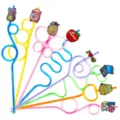 Colorful curly drinking straws with cute school cartoon charms, great for kids party decor. - Style 1