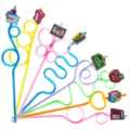 Colorful crazy loop plastic straws with cute school themed PVC charms for kids parties - Style 2