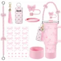 Détail des accessoires de tasse nœud rose avec lanière de perles gland embout et protège-tasse. - Set 6 (tasse non incluse)