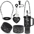 Detailed view of black rhinestone tumbler accessories set, including strap, boot, and charms. - Set 1