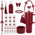Vue détaillée de l'ensemble d'accessoires de gourde rouge avec poignée perlé et base en silicone. - Ensemble 7 (sans tasse)