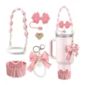 Ensemble d'accessoires de tasses nœud rose avec poignée crochetée et couvercle de paille. - Ensemble 1