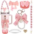 Detailed view of pink insulated tumbler accessories set with cute bows, pearl keychains and straps. - Set 3 (6-Piece Set)