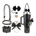 Kit accessoires de gourde avec poignée tressée noire couvre paille nœud pendentif - Série 3