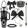 Details of black tumbler accessories set with cute bows, pearl keychain and daisy strap. - Set 4 (6-Piece Set)