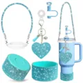 Rhinestone tumbler accessories detail, sparkling blue cup sleeve and straw cover charms. - Set 3