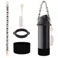 Handmade macrame daisy water bottle strap, mini net pouch, and black silicone boot set. - Style 34