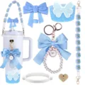 Detailed view of cute light blue tumbler accessories, bow charms, and daisy braided straps. - Set 5 (6-Piece Set)