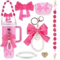 Pink cute tumbler accessories set featuring bow straw topper, pearl keychain, and floral strap. - Set 6 (6-Piece Set)