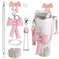 Rosa schleife becher zubehör set mit kette griff strohhalm abdeckung und silikon schutzhülle - Set 9