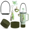 Green tumbler accessories set including straw topper handle keychain boot for 30/40oz cups - Set 4