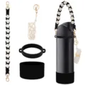 Handmade black white woven water bottle strap set with silicone boot and lipstick pouch. - Style 41