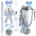 Silikon Becherhülle, karo Schleife Anhänger, Kette und Strohhalmabdeckung Zubehör Set. - Set 3