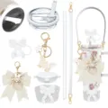 Floral tumbler set with bow straw cover, butterfly keychain, and cute accessories for daily use. - Combo 3 (8-Piece Set)