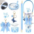 Blue tumbler accessory details featuring cute bowknot, butterfly keychain and cup sleeve parts. - Combo 4 (8-Piece Set)