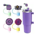 Silicone straw covers set with cute cartoon charms and purple tumbler for 10mm straws. - Style 1