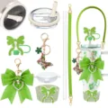 Detailed view of green bow tumbler accessory set with silicone strap, straw cover & cute cup sleeve. - Combo 5 (8-Piece Set)