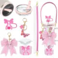 Pink bow tumbler accessory set detail, featuring cute butterfly keychains, cup sleeve and straps. - Combo 6 (8-Piece Set)