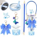 Blue floral tumbler set with cute bow charms, straw lid, and matching accessories. - Combo 7 (8-Piece Set)