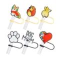 Silicone straw topper set featuring cute dog, paw and heart designs for cup decoration. - 8mm Silicone / Style 14