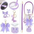 Purple insulated tumbler cup set with cute bow charms, butterfly keychain, and straw lid. - Combo 8 (8-Piece Set)