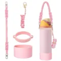 Pink handmade woven water bottle strap set with silicone boot and lipstick pouch accessories. - Style 47
