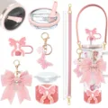 Pink cute tumbler accessory set with bowknot charm, butterfly keychain and straw cover for cup. - Combo 9 (8-Piece Set)