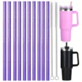 Stainless steel tumbler with glitter straws and cleaning brushes set for daily use. - Purple Glitter