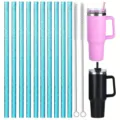 Insulated stainless steel tumbler and glitter straw set with cleaning brushes for daily use. - Blue Glitter
