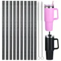 Stainless steel tumbler straw replacement set with glitter straws and cleaning brushes. - Grey Glitter